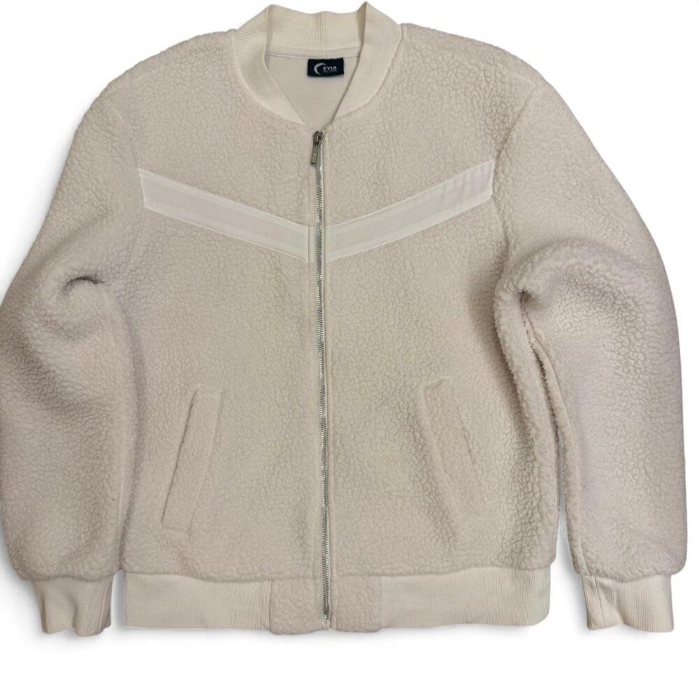 ZYIA White Flying V Fleece Jacket | Size M | Cozy Athleisure Sherpa Bomber